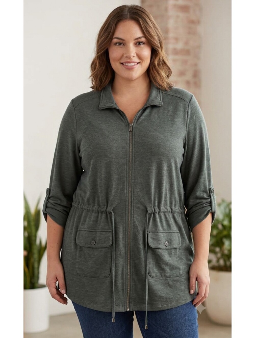 Cynthia Rowley Plus Size Police Green Utility Jacket with Rolled Tab Sleeves